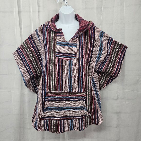 Baja Joe Red Blue Striped Baja Hooded Jacket Beach Hippie L/XL - Picture 11 of 11